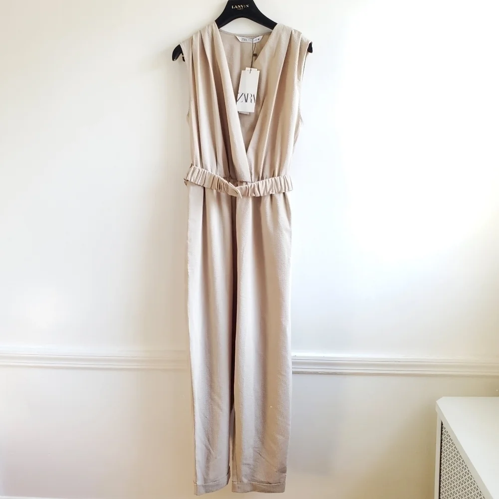 New Zara Textured Linen Blend V-Neck Sleeveless Belted Tan Jumpsuit NWT Size M